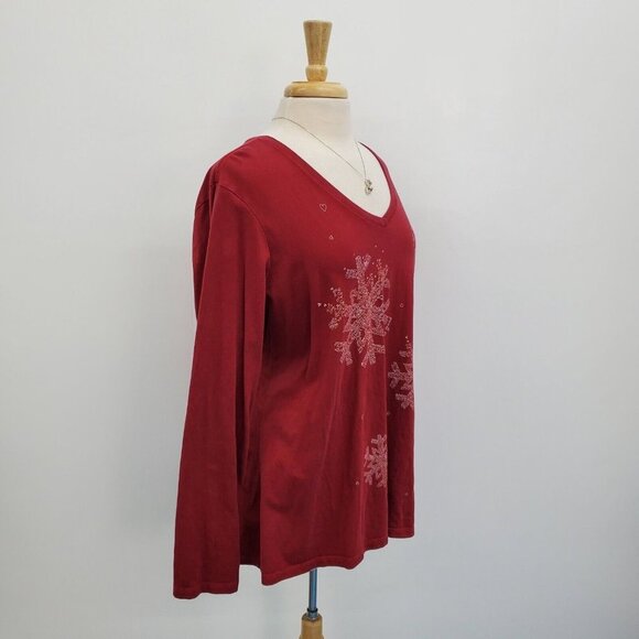 Life Is Good Womens Snowflake Long Sleeve Crusher Tee Size XL Maroon Red V-Neck - Picture 2 of 14